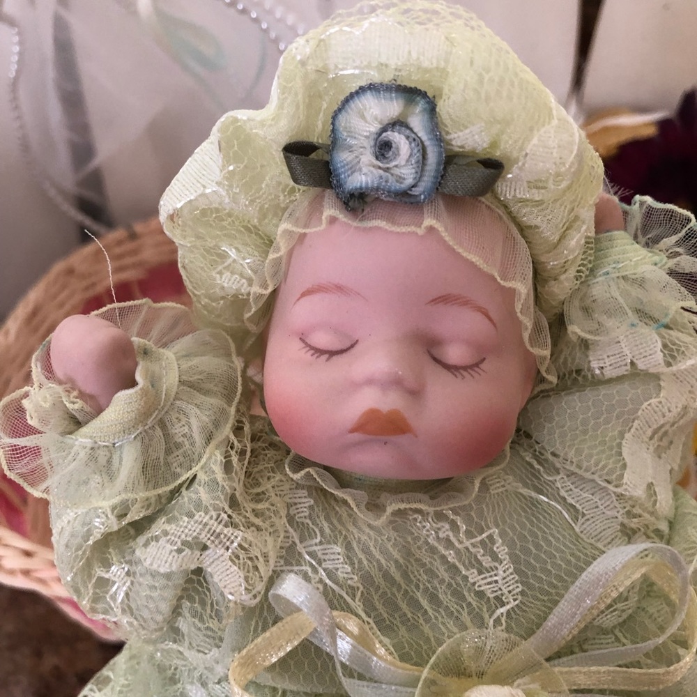 Goldenvale Collection Porcelain Doll Sleeping Baby Girl In A Wicker Basket